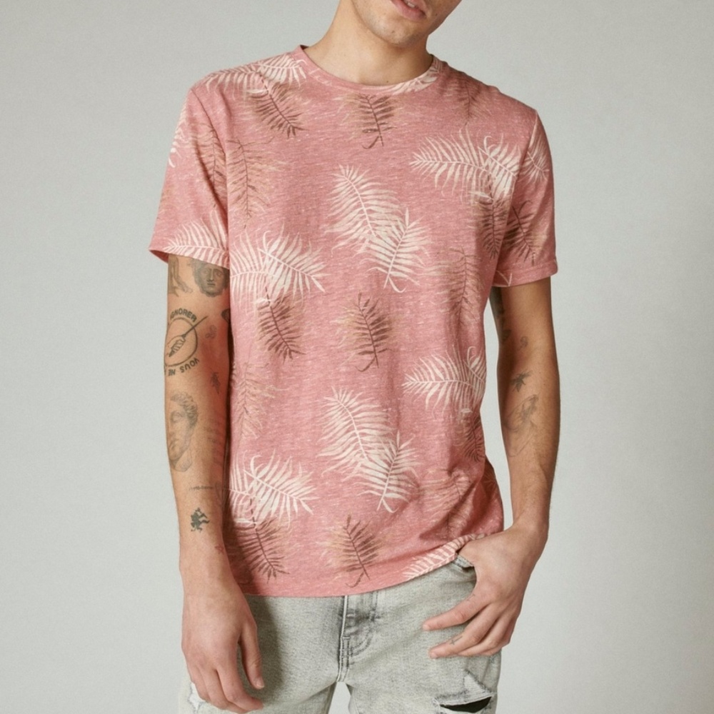Lucky Brand Men's Linen Leaf Print Crew Neck T-Shirt Red XL